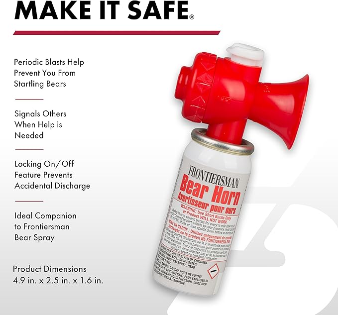 SABRE Frontiersman Bear Horn, 130dB Audible Up to 0.5 Miles, Nonflammable & Eco-Friendly, On/Off Lock Prevents False Alarms, 60 ¼-Second Blasts, Bear Spray Companion, Designed & Assembled in USA