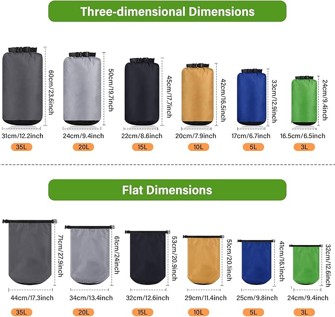 6 Pcs Waterproof Dry Bag Sack Lightweight Outdoor Dry Bags 35 L, 20 L, 15 L, 10 L, 5 L, 3 L Waterproof Boat Bag for Kayaking, Backpacking, Hiking, Camping Rafting(Dark Color)