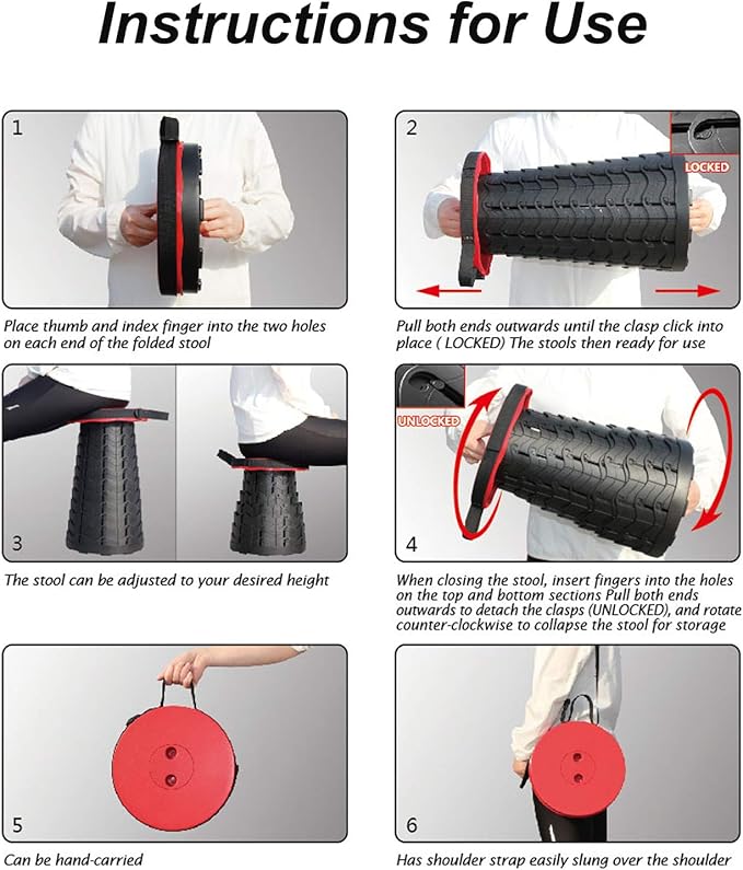 Deer's Life Portable Collapsible Stool with Cushion Pad, Retractable Folding Telescopic Camping Seat for Adults, Small Lightweight Sturdy Adjustable Stools for Travel,Kitchen,Garden,Fishing