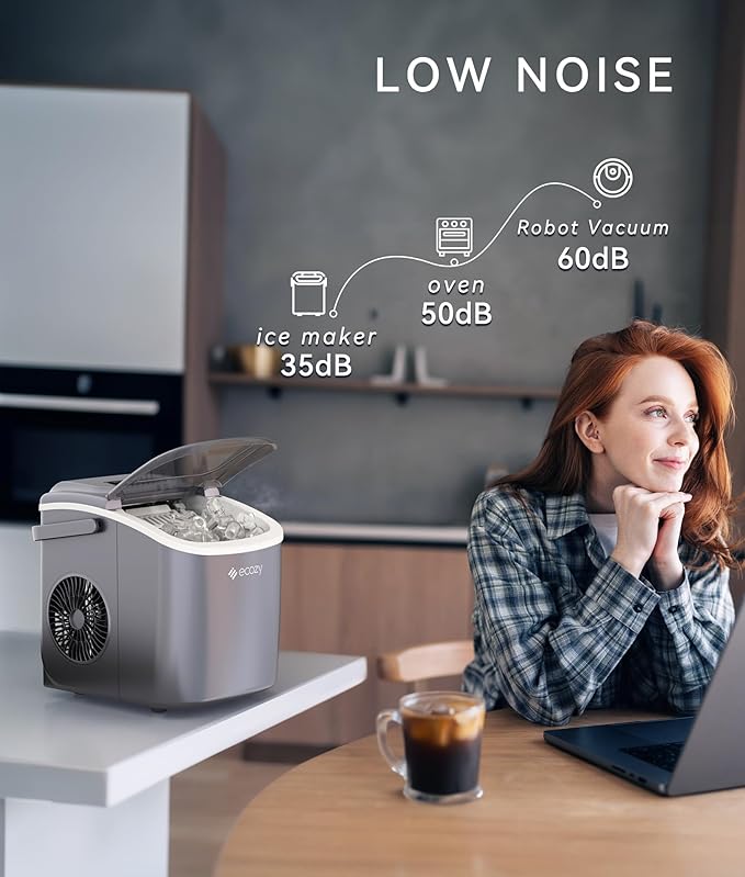 ecozy Portable Ice Maker Countertop, 9 Cubes Ready in 6 Mins, 26lbs in 24Hrs, Self-Cleaning Ice Machine with Handle/Ice Bags/Ice Scoop/Ice Basket, 2 Sizes Bullet Ice for Home Kitchen Office Bar Party