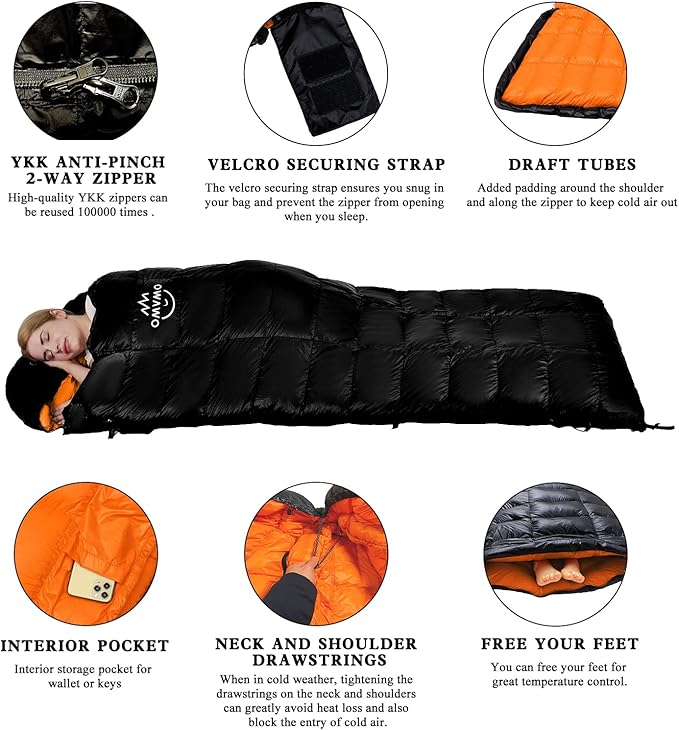 '-10°F 0°F 10°F 15°F Down Sleeping Bag for Adults,800/650 Fill Power,Ultralight Wearable 4 Season Cold Weather Rectangle Sleeping Bag for Camping Hiking,Can be Used as a Down Blanket or Cloak