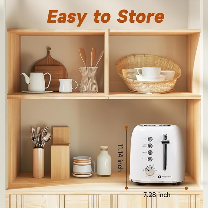 Aigostar Retro 2 Slice Toaster - Stainless Steel, Extra Wide Slots, Bagel Function, Cancel & Defrost, 6 Shade Settings, Removable Crumb Tray, White