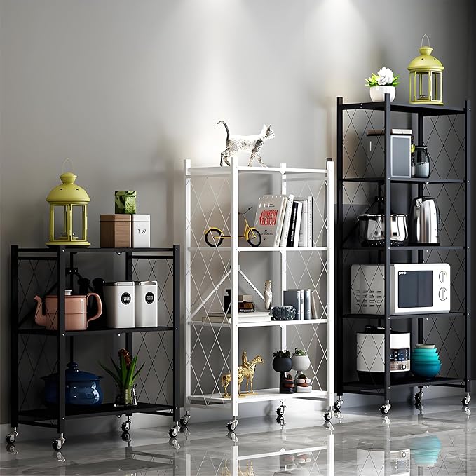 4-Tire Storage Rack, 28*13*63.8in Foldable Metal Garage Storage Shelves Organizer, Portable Metal Kitchen Shelving, Closet Shelving Unit Bakers Rack Microwave Stand, Green(Tiered Shelf-5)