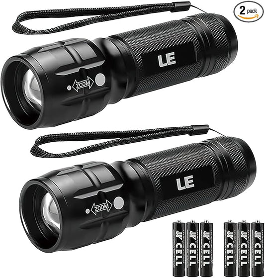 Lighting EVER LED Flashlights High Lumens, Small Flashlight, Waterproof, Adjustable Focus Flash Light for Outdoor, Emergency, Camping, AAA Batteries Included, 2 Pack