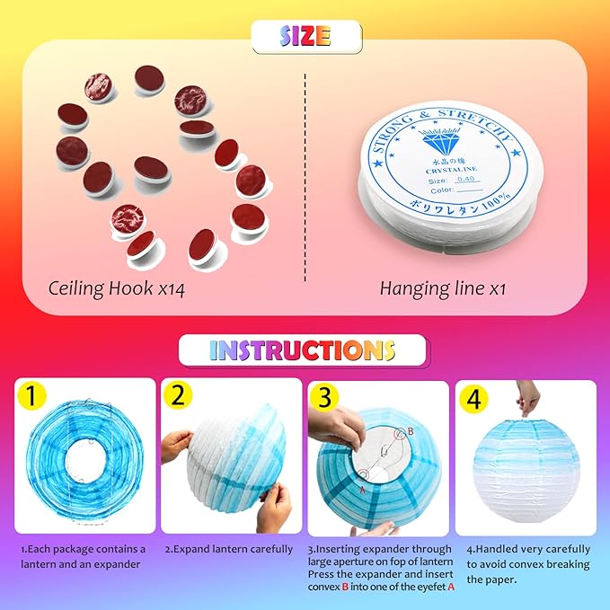 14 PCS Gradient Seven Color Round Paper Lanterns - Chinese Tissue Hanging Decorative for Indoor Room & Outdoor Party Supplies Decoration