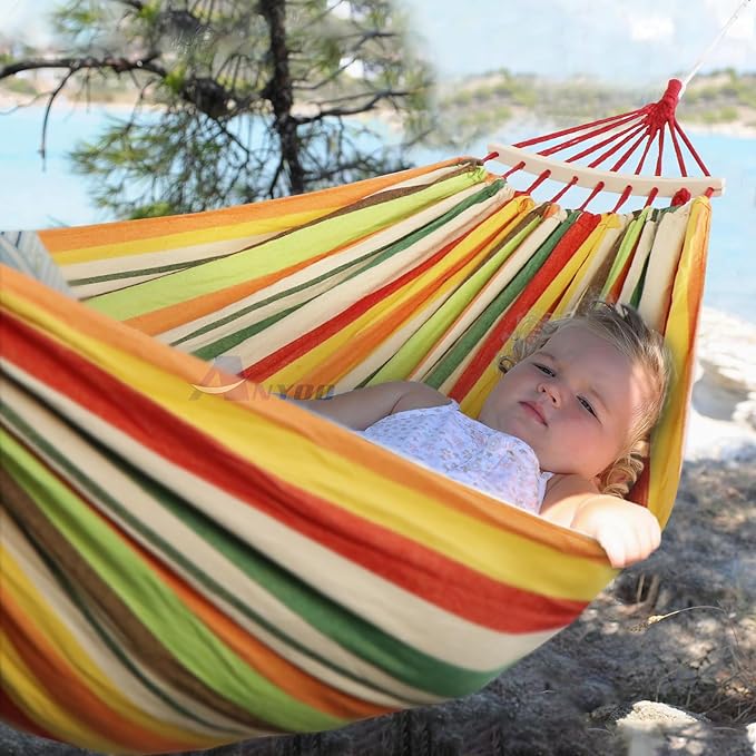 Anyoo Garden Cotton Hammock Comfortable Fabric Hammock with Spreader Bar Sturdy Hammocks Up to 450lbs Portable Lightweight Hammocks with Travel Bag for Camping Outdoor/Indoor Patio Backyard