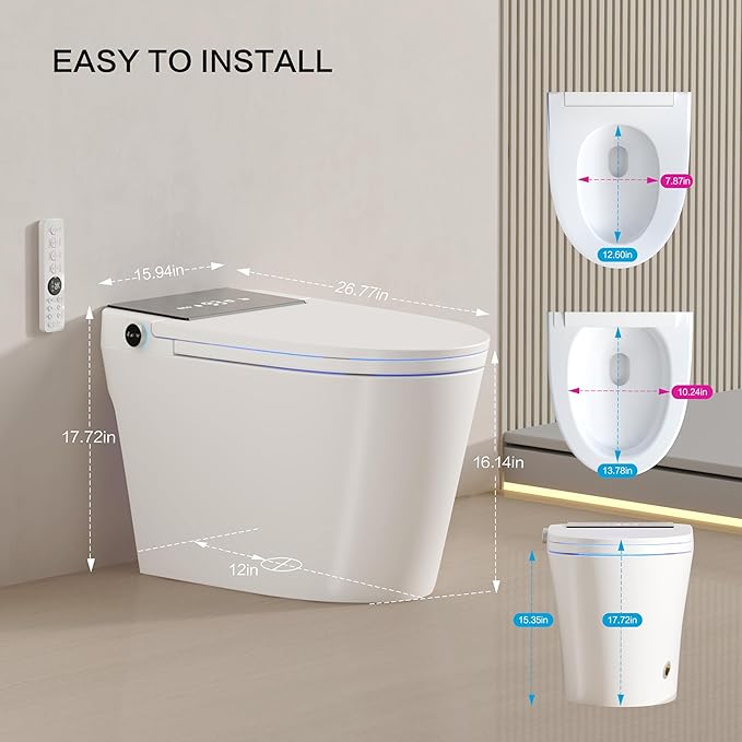 Smart Toilet with Built-In Bidet, Heated Seat, Dual Auto Flush, Warm Water & Dry Function, Tankless Design, Foot Sensor, Modern Elongated Electric, LED Display and Night Light, Wireless Remote Control