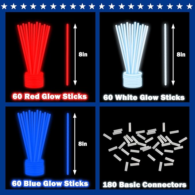Red White Blue Patriotic Decorations 180 PCS, Bulk Glow Sticks Toys Gifts Party Favors, Light up Bracelets Necklaces USA Accessories for Kids ＆ Adults, Parade Throws Supplies for Labor Veterans Day