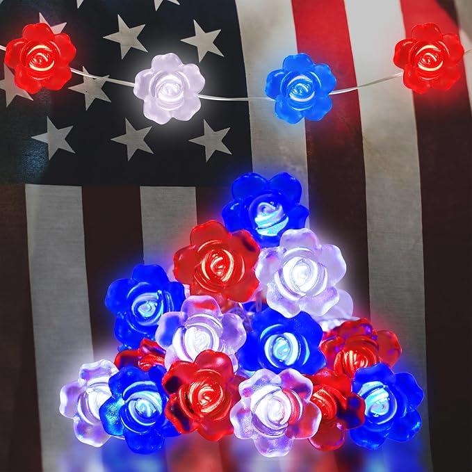 4th of July Decorations Rose Fairy Lights, 30 LED Red White Blue Rose String Lights with Remote Control Patriotic Lights for Memorial Day, Independence Day, Christmas Decor (Rose)