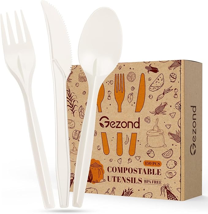 Gezond 100% Compostable Cutlery Set 150 Pack Extra Long Disposable Cutlery with 50 Forks 50 Spoons 50 Knives 7 Inch No Plastic Biodegradable Utensils for Party Wedding Camping Office Picnic