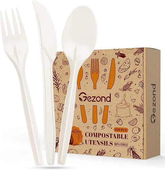 Gezond 100% Compostable Cutlery Set 150 Pack Extra Long Disposable Cutlery with 50 Forks 50 Spoons 50 Knives 7 Inch No Plastic Biodegradable Utensils for Party Wedding Camping Office Picnic