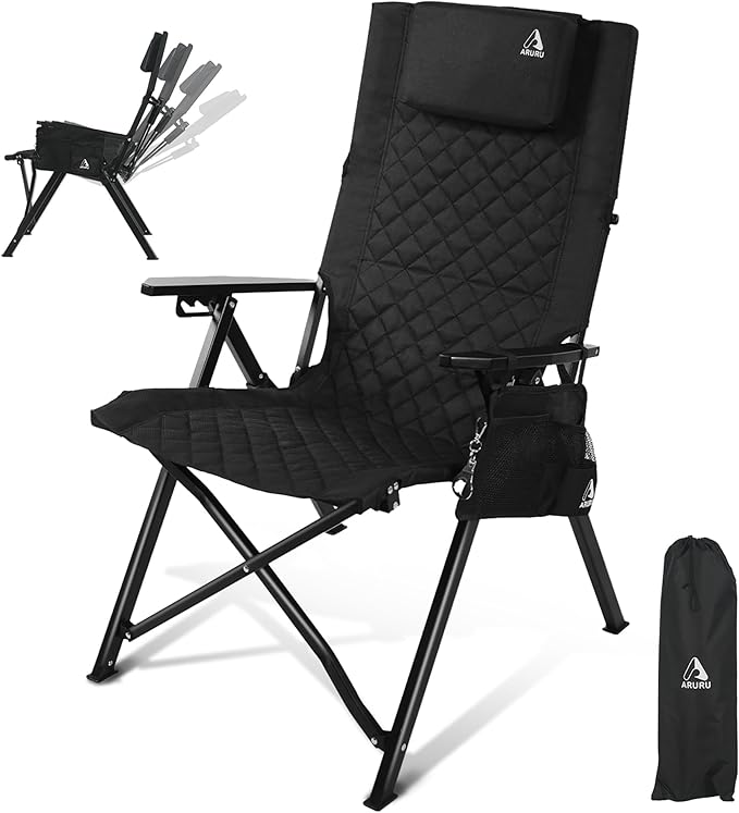 Reclining Camping Chair, Heavy Duty Folding Chairs with 4-Stage Adjustable High Back for Adults, Compact Foldable Outdoor Patio Reclining Chair with Storage Bag （Black）