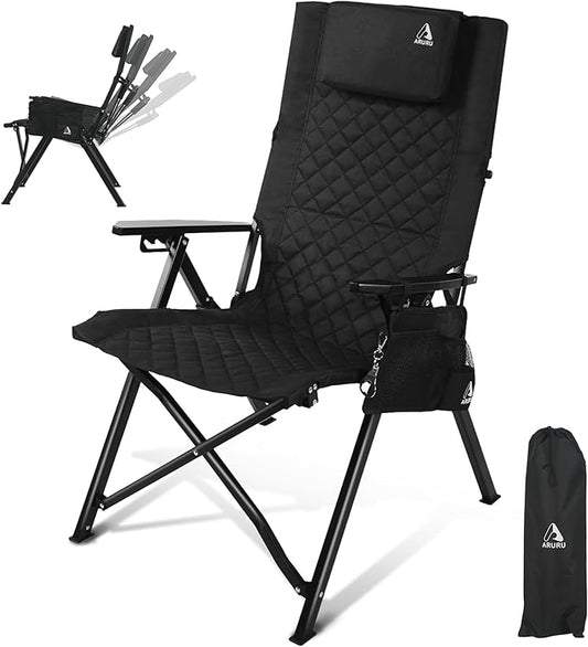 Reclining Camping Chair, Heavy Duty Folding Chairs with 4-Stage Adjustable High Back for Adults, Compact Foldable Outdoor Patio Reclining Chair with Storage Bag （Black）