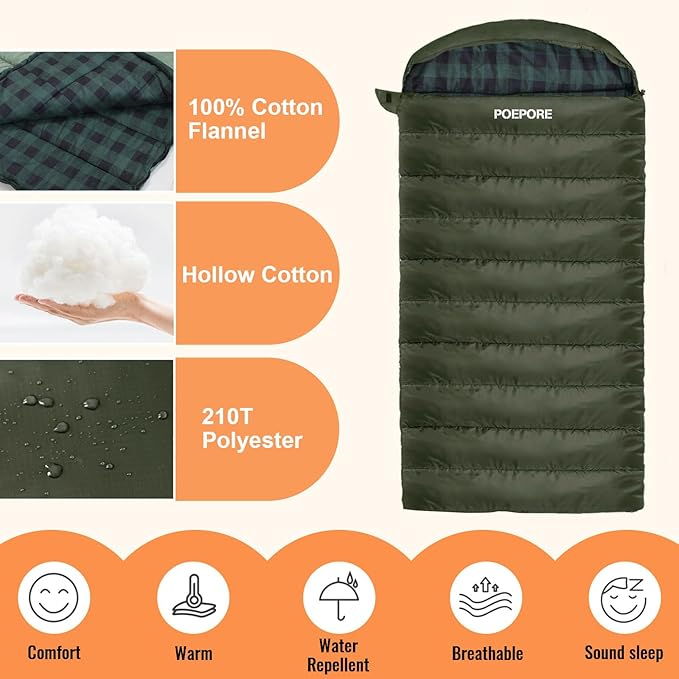 0 Degree Sleeping Bag 100% Cotton Flannel XXL Cold Weather Winter Oversized Sleeping Bag for Adults Camping Zero Degree Big and Tall with Compression Sack