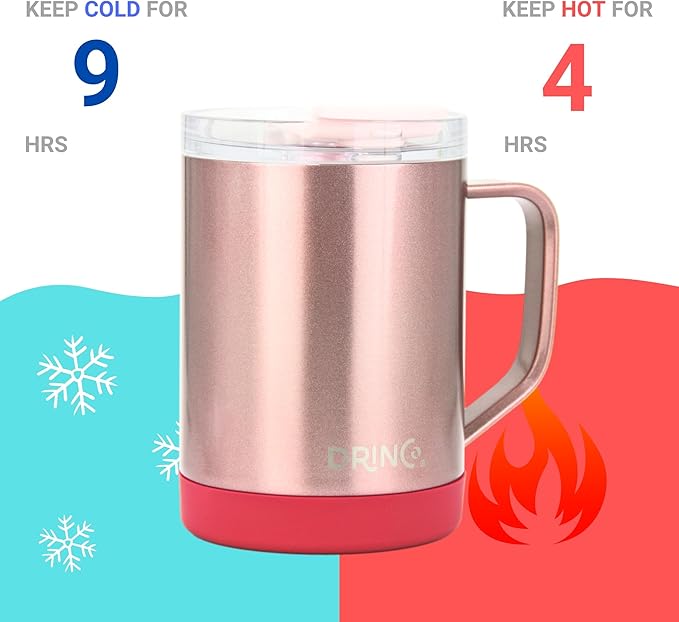 Drinco 16 oz Coffee Mug, Vacuum Insulated Camping Mug with Lid, Double Wall Stainless Steel Travel Mug Insulated Tumblers Coffee Mugs Coffee Cups Tea Cup (16oz Bling Rose Gold)