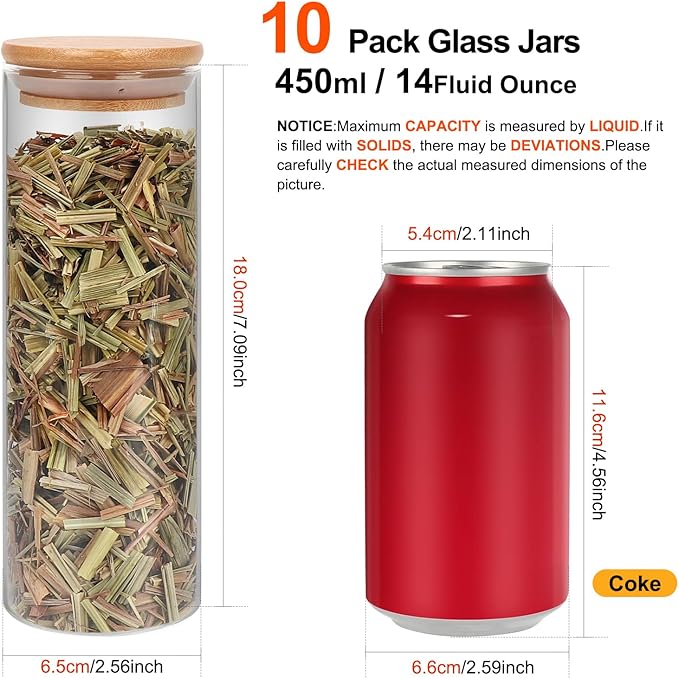 Glass Food Storage Containers Jars with Airtight Bamboo Lid 14 oz 10 pcs, 450 ml Pantry Organization Jar, Glass Terrarium with Lid, Spice, Flour and Sugar Container, Canister Set for Kitchen Counter