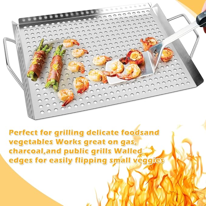 11 x 14 Inch Nonstick Grill Tray with Handles,Perforated Stainless Steel Grill Pans for Outdoor Grill,Heavy Duty Grilling Accessories for Charcoal/Gas Grills,Easy to Use and Clean