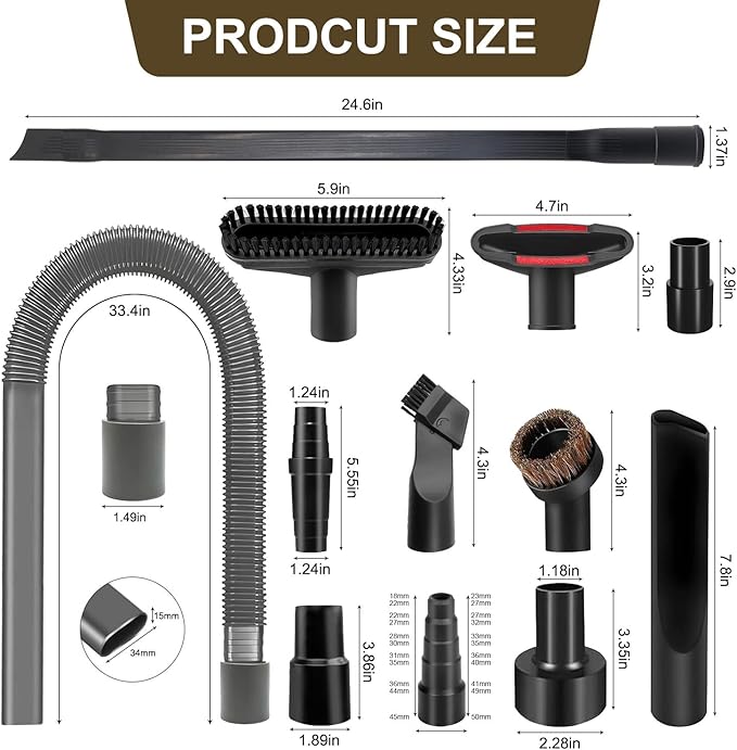 12-Piece 1 1/4 Inch Shop Vac Attachments Cleaning Kit With Dryer Lint Vac Attachment/Round Vacuum Brush/Flexible Crevice Tool (Hose Adapters for 1 1/4" to 2 1/2"Hoses)
