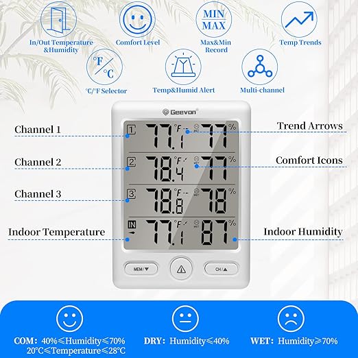Geevon Indoor Outdoor Thermometer Wireless with 3 Remote Sensors, Digital Hygrometer Indoor Thermometer, Temperature Humidity Monitor Gauge with 200FT/60M Range (White)