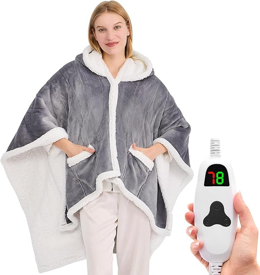 greenoak Wearable Heated Throw Blanket Electric Shawl - Heated Robe Poncho Blanket Hoodie for Adult, Winter Gifts for Mom Women Girlfriend Grandma 5-Position Timer 10-Heating Levels,Grey