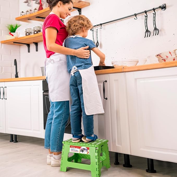 ACSTEP 9 Inch Folding Step Stool 300 LB Capacity Plastic Foldable Step Stools for Kids and Adults, Folding Stool Suitable for Kitchen, Stepping Stool with Handle Green Small Step Stool 1PC