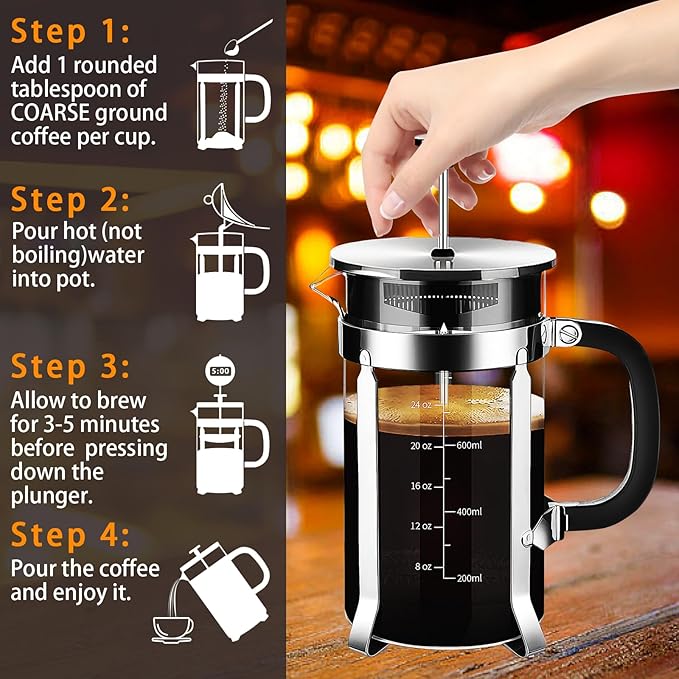 French Press Coffee Maker 304 Stainless Steel Coffee Press,with 4 Filters System, Heat Resistant Thickness Borosilicate French Press Glass, BPA-Free Brewed Tea Pot Coffee Plunger