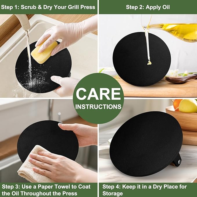 EWFEN Cast Iron Smash Bacon Press Meat Steak with Wood Handle, Burger Press(Round with Flat Bottom)