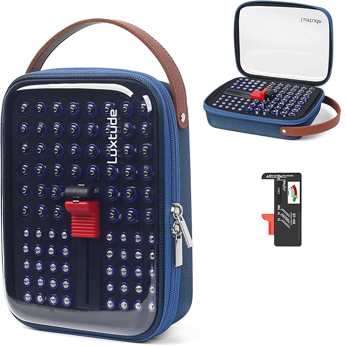 Luxtude Battery Organizer Storage Case with Tester, Clear Battery Storage Organizers Holds, Hard Batteries Holder Organizers, Portable Batteries Case Organizer (Blue AA)