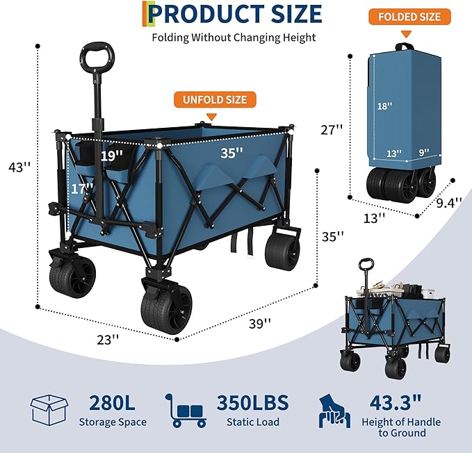 Heavy Duty Foldable Wagon for Beach, Extra Large Collapsible Foldable Wagon for Camping, All Terrain Beach Wagons Extended with Cup Holders for Sand