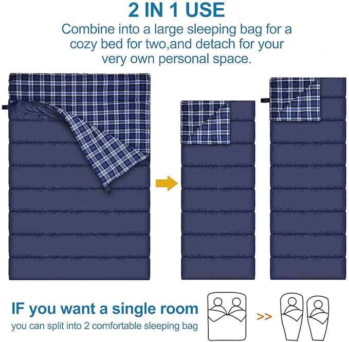 AGEMORE Cotton Flannel Double Sleeping Bag for Camping, Backpacking Or Hiking. Queen Size 2 Person Waterproof Sleeping Bag for Adults Or Teens. Lightweight with Compression Sack