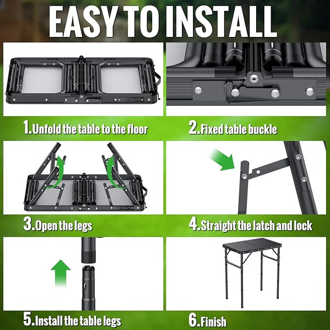 GARLLEN 2ft Folding Camping Table, 3 Adjustable Height Lightweight Picnic Table, Portable Aluminum Grill Table (22.8" L x 15.7" W) for Outdoor, Camping, BBQ, Black