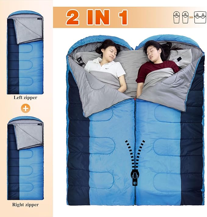 XL 10 Degree Sleeping Bags Waterproof for Adults 350GSM Machine Washable with Compression Sack for 3-4 Season Camping Outdoor