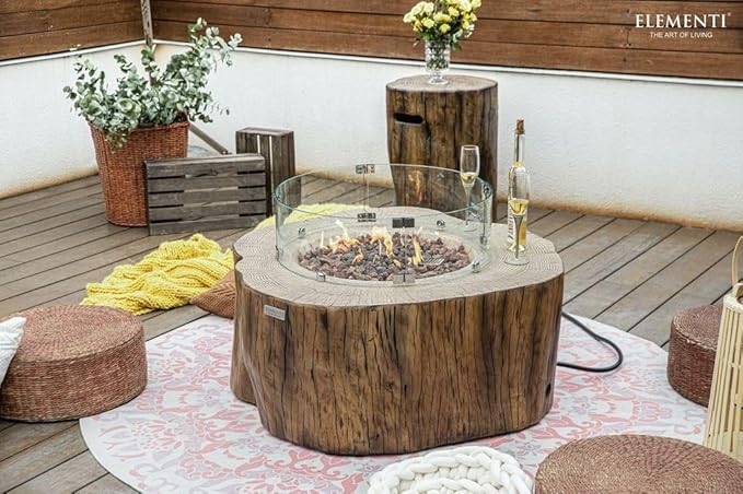 Elementi | Bundle Manchester Gas Fire Pit Cast Concrete Semi-Round Fire Table, Outdoor Fire Pit Electronic Ignition | Canvas Cover, Lava Rock Included | Red Wood (Propane Gas)
