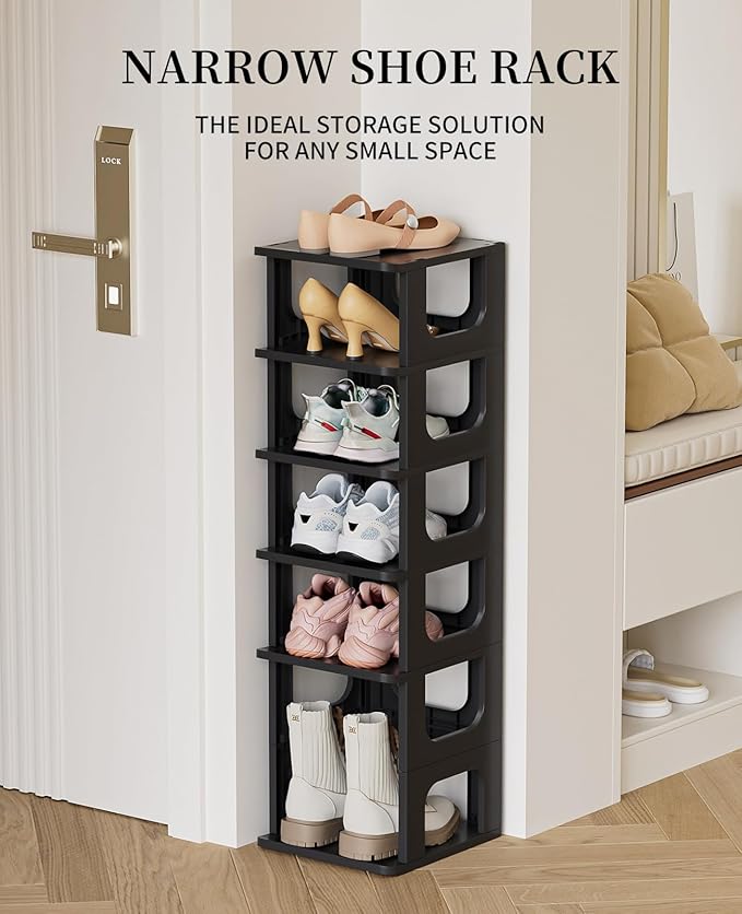 Shoe Organizer Rack for Small Spaces 5 Tier Plastic Vertical Narrow Shelves for Closet Black Shoe Holder, Stand for Entryway Storage Boots Organizer Stackable Cabinet