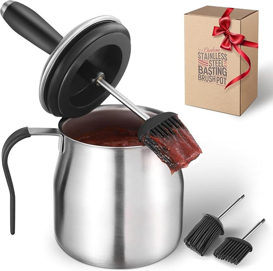 32 Ounce BBQ Basting Pot with 3 Replaceable Brushes，Grilling Gifts for Men&Dad，Stainless Steel 304 Barbecue Sauce Pot Brush Set，Airtight Melting Pot Sauce Container for Grill，Kitchen，Camping
