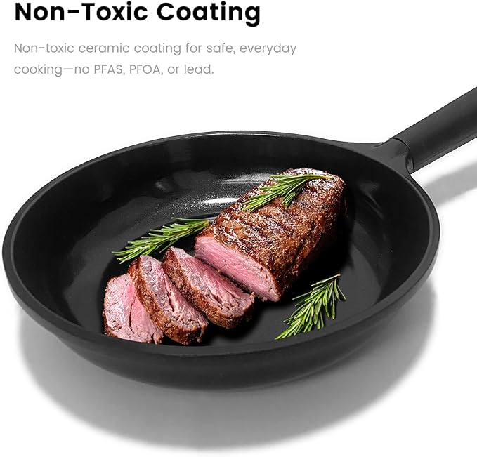 Ceramic Nonstick Frying Pans, Non-Toxic Skillets, 8", 9.5", and 11" Set of 3, PFAS & PTFE & PFOA Free, Dishwasher Safe, Compatible with All Stovetops