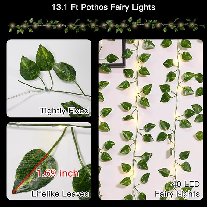 suddus Vine with Fairy Lights Battery Operated, 13.1ft 40 LED Pothos String Lights with Remote, Leaf Lights for Bedroom, Room, Wall, Garden, Party, Wedding Decor(Warm White)