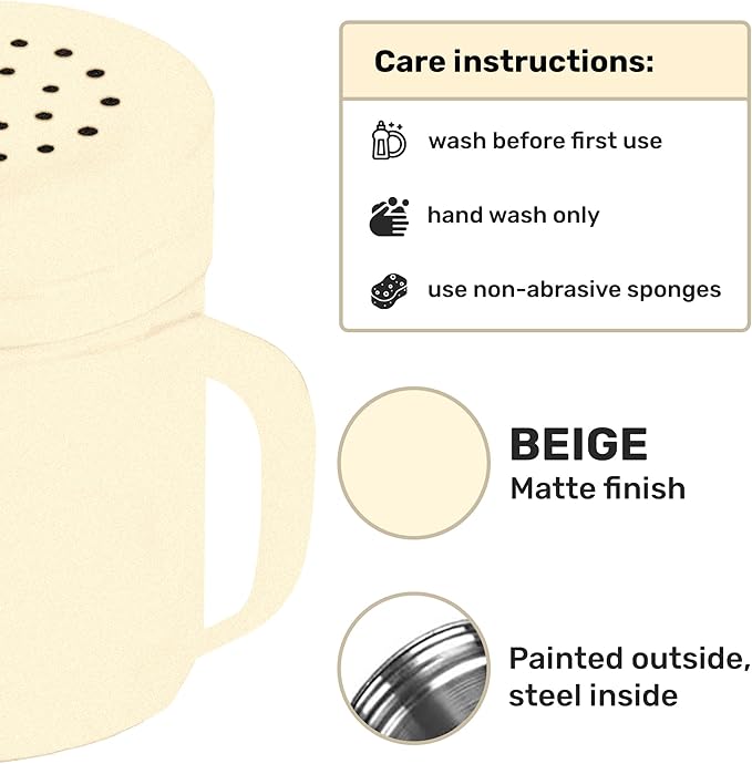 CUSINIUM 6oz Beige Stainless Steel Salt Pepper Dredge Shakers - With Plastic Cap - With Handle - Pack of 2