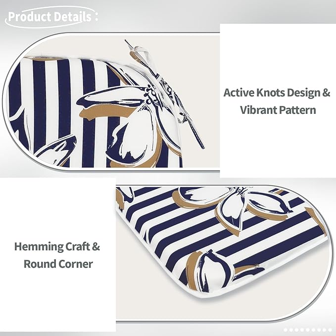 Indoor/Outdoor Chair Cushions 16x17 Inch, Patio Chair Cushions with Ties, All Weather Seat Cushions for Patio Furniture Home Garden Chair Use, Set of 4, Clemens Cabana Navy