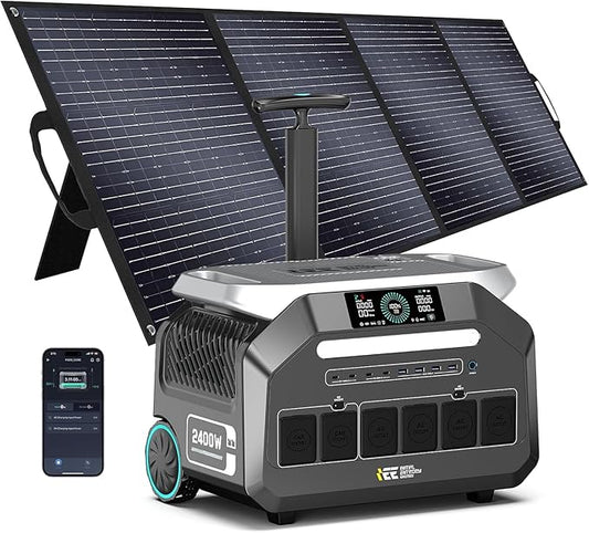 IEE 2048Wh Solar Generator,2400W Portable Power Station P2400 with LiFePO4 Batteries and 400W Solar Panel,1800W AC Charging,4 AC Outlets Up to 2400W for Home,Power Outages, Camping,and RVs