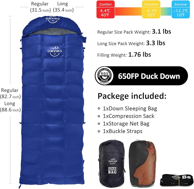 '-10°F 0°F 10°F 15°F Down Sleeping Bag for Adults,800/650 Fill Power,Ultralight Wearable 4 Season Cold Weather Rectangle Sleeping Bag for Camping Hiking,Can be Used as a Down Blanket or Cloak