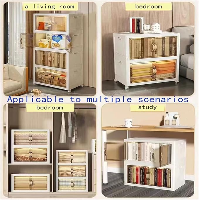 64 Gallons Storage Bins with Lids - Folding Storage box with Doors and Wheels, Collapsible Plastic Storage Bins for Closets, Stackable Storage Organizer (Large-4Tier)