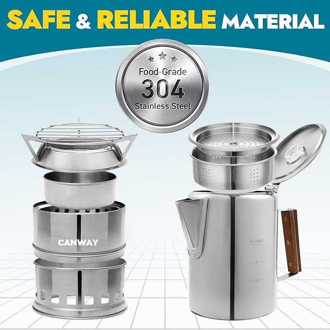 CANWAY Percolator Coffee Pot & Portable Camping Stove Set for Backpacking Hiking Stainless Steel Mini Wood Burning Stove 9 CUP Camping Stovetop Coffee Maker Outdoor Home with Carry Bag