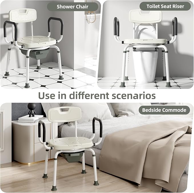 4 in 1 Bedside Commode for Seniors,Portable Toilet for Adults with Arms & Removable Bucket,Height Adjustable Commode Chair for Toilet，Swivel Shower Chair for Inside Shower for Handicapped, Adults