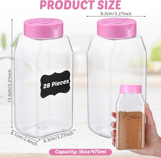 Mifoci 28 Pack 16 oz Plastic Spice Jars with Cap Square Plastic Bottle Containers with Shaker Lids and Stickers Large Seasoning Shaker Empty Powder Storage Container for Storing Salt Herbs (Pink)