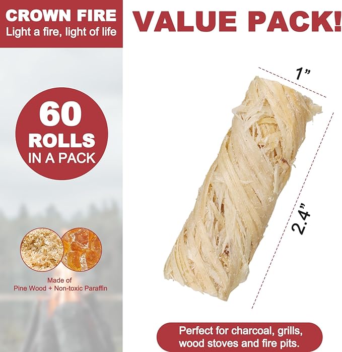 Fire Starters for Fireplace Indoor, and Outdoor Use - Natural Firestarter for Pizza Oven, Fire Pit - Fire Starters for Campfires - Charcoal Starter - 60 Rolls