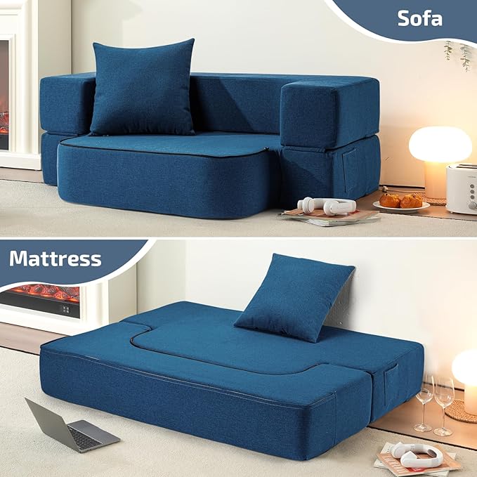 2-in-1 Folding Sofa Bed with Pillow - Folding Chair Floor Couch & Sleeping Mattress - Washable Cover & Memory Foam Sleeper Chair for Living Room/Guest Room/Apartment/Loft, Navy Blue