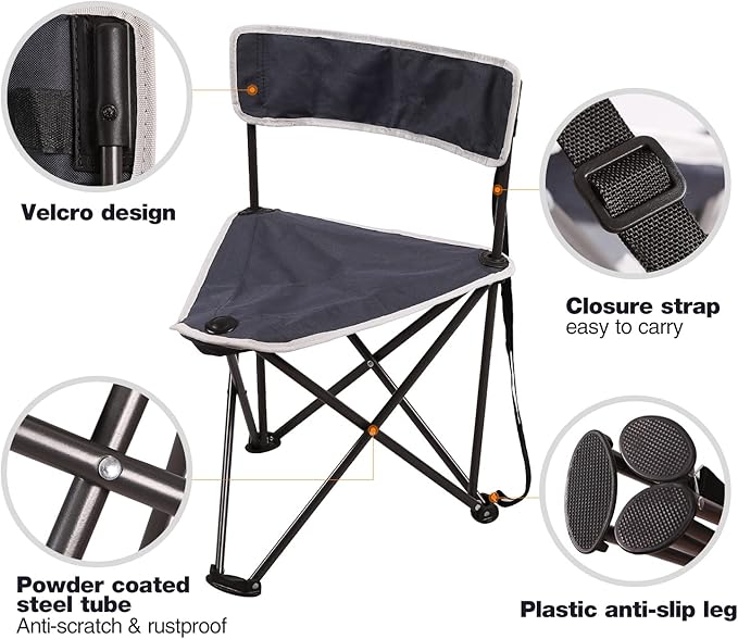 REDCAMP 2 Pack Tripod Camping Chairs Folding Lightweight, Portbal 3 Legged Tripod Stool Seat with Backrest, Small Camping Chair Compact for Adults Fishing Hunting, Dark Blue