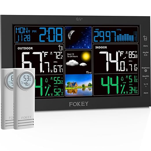 Weather Station Wireless Indoor Outdoor, Indoor Outdoor Thermometer Wireless, Home Atomic Clock Weather Stations, Digital Temperature Humidity Barometer Inside Outside Thermometers, Black+2 Sens