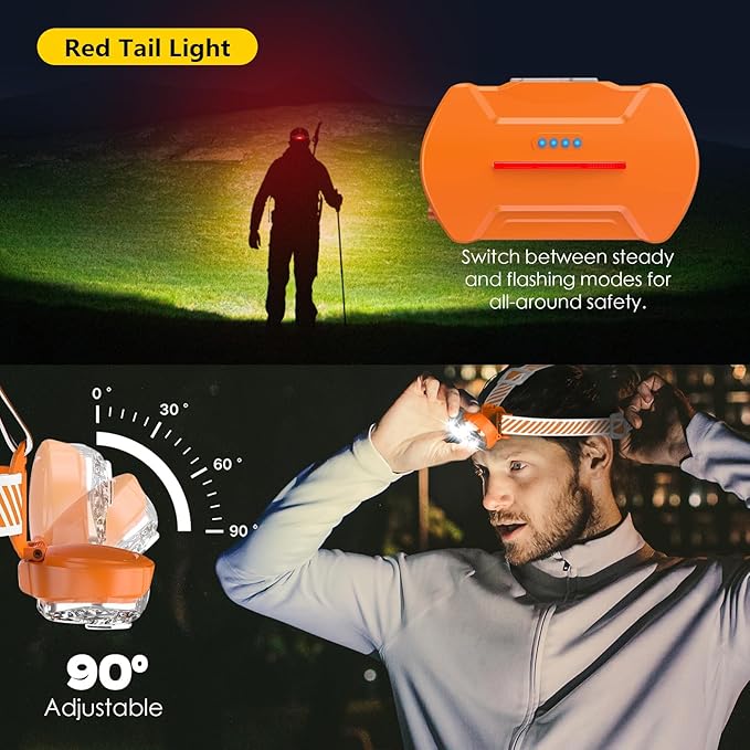 Rechargeable Headlamp, High Lumen 5 LED Head Lamp with Red White Light, IPX4 Waterproof Headlight,8 Mode Head Flashlight for Outdoor Running Hunting Fishing Hiking Camping Gear-Orange